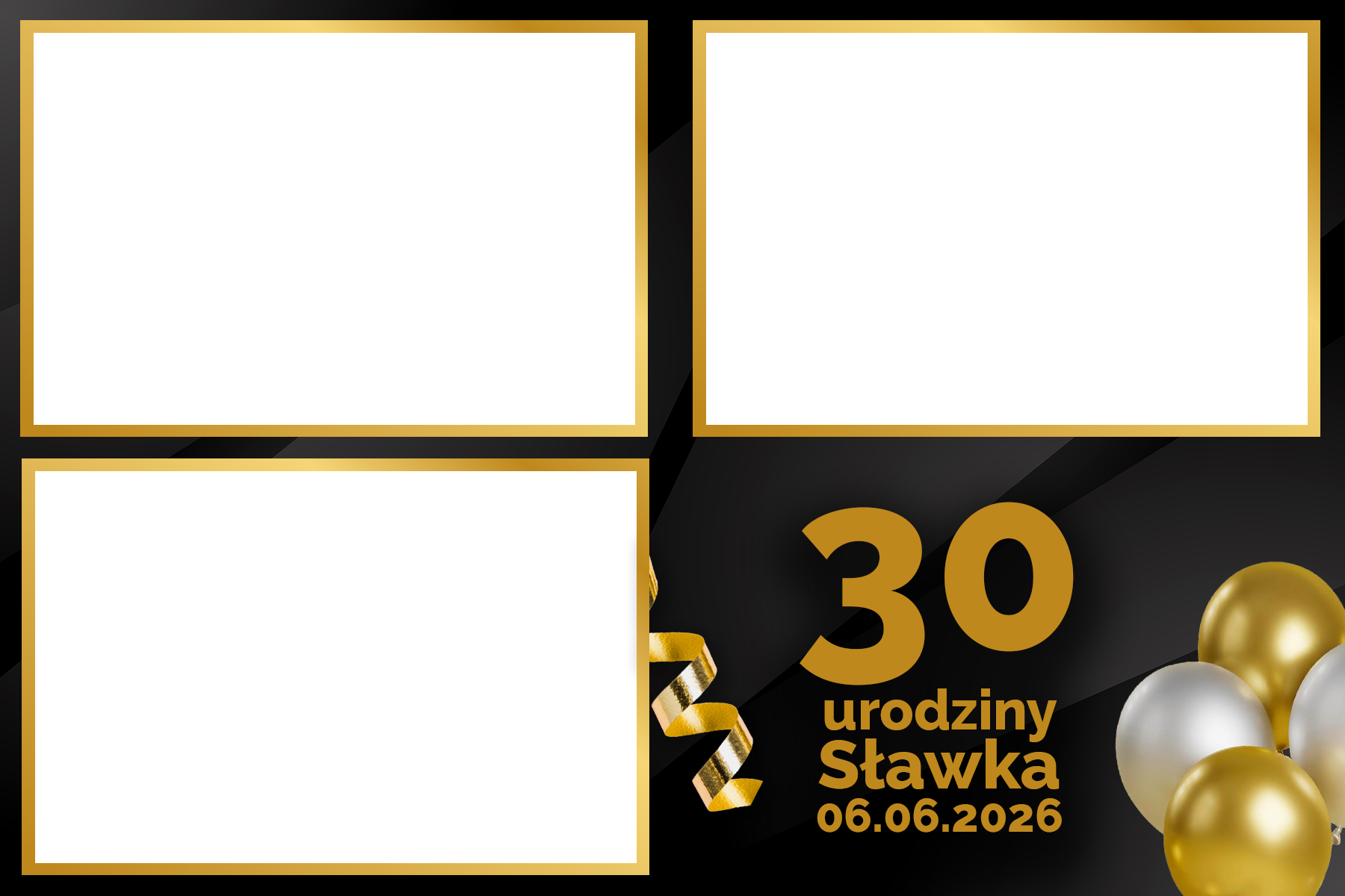 Szablon wydruku Fotofurki – 30. urodziny, czarno-złota kolorystyka z balonami