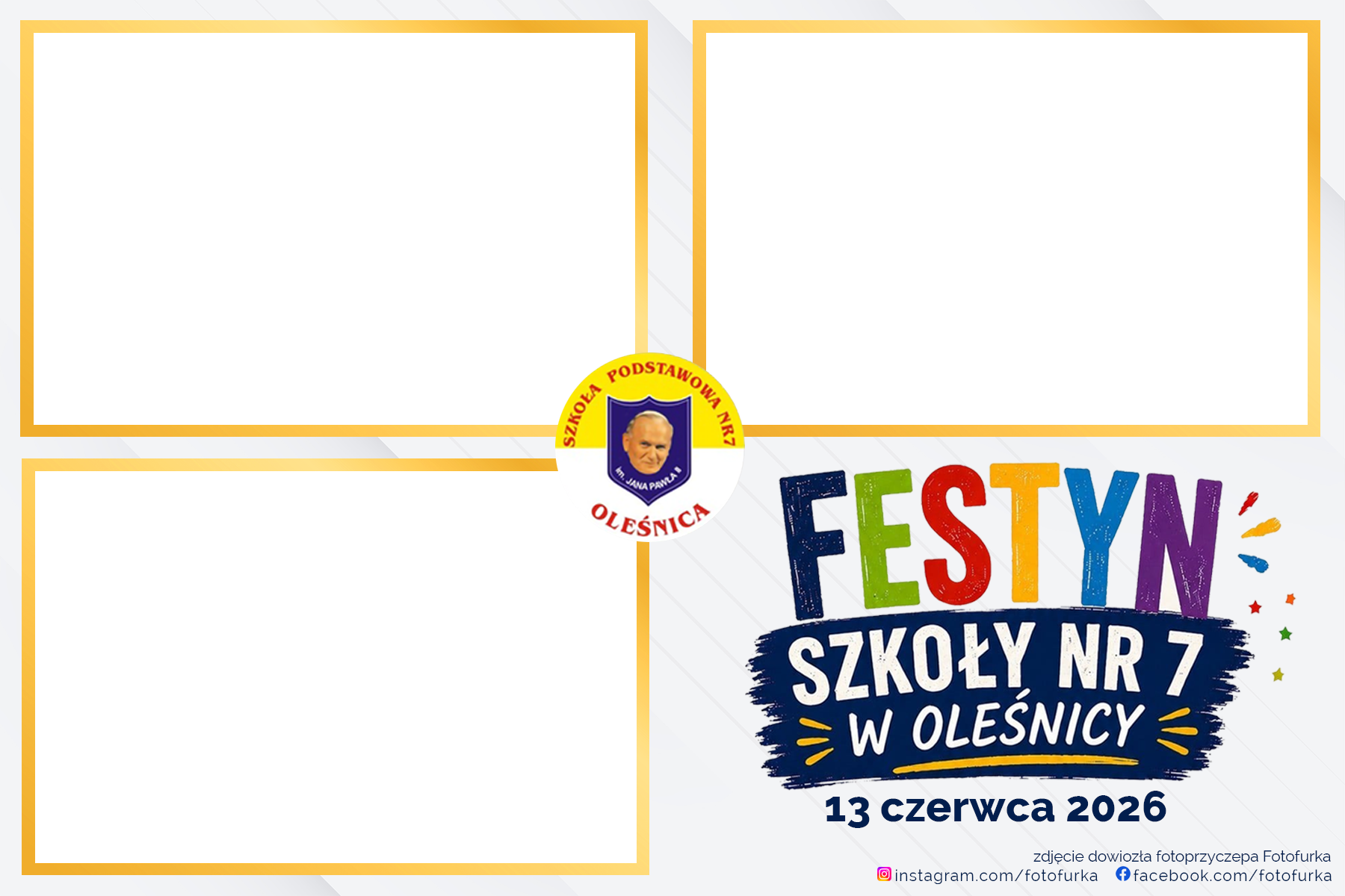 Szablon wydruku Fotofurki – festyn szkolny, kolorowa grafika ze złotą ramką